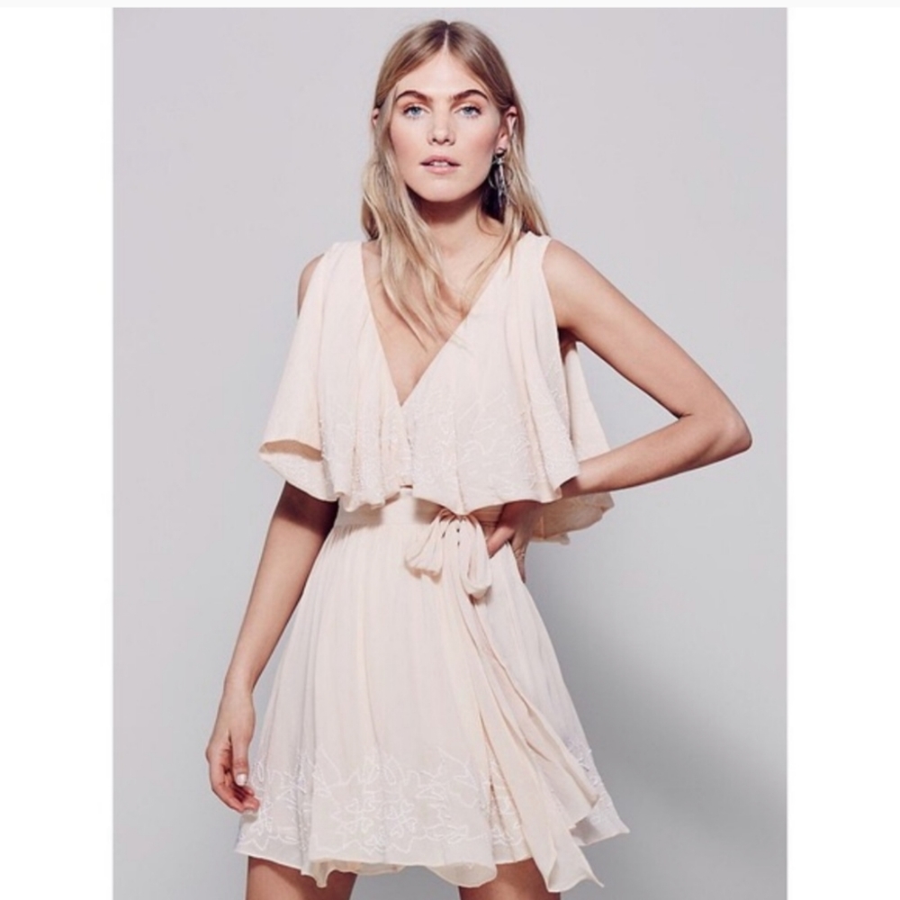Free People Small Sylvia Blush Wrap Dress Pastel Beaded Mini Blush Pink